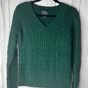 CHAPS Womens V Neck Chunky Cable Knit Sweater Size L Green 100% Cotton Y2K